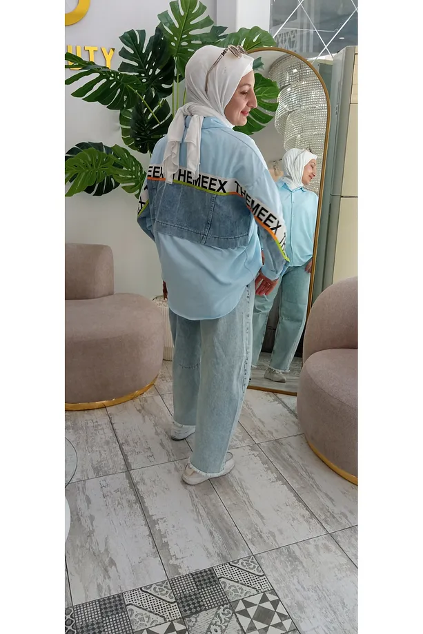 Mavi şeritli, Arkası Kot Detaylı Gömle