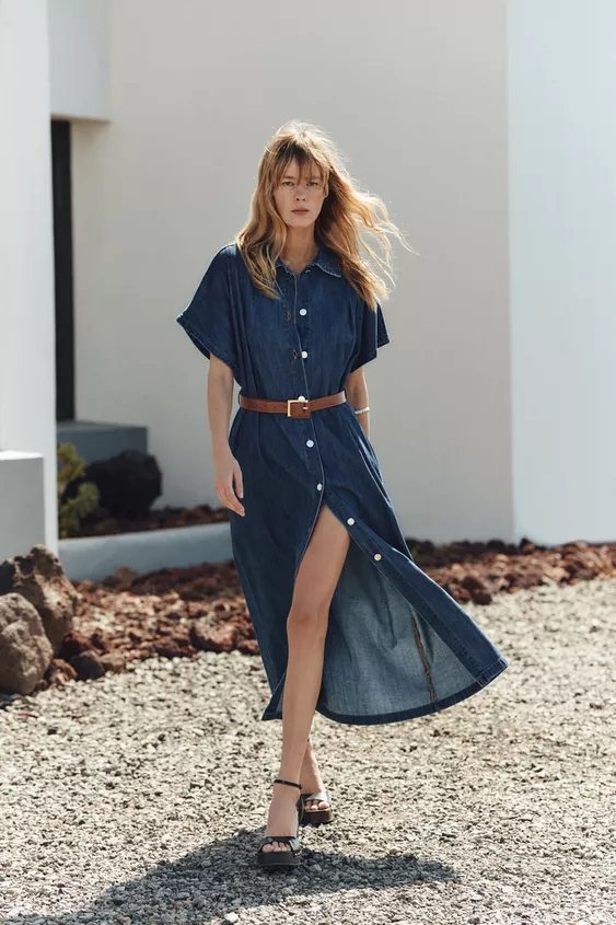 Lacivert Kahve Kemerli Denim Elbise