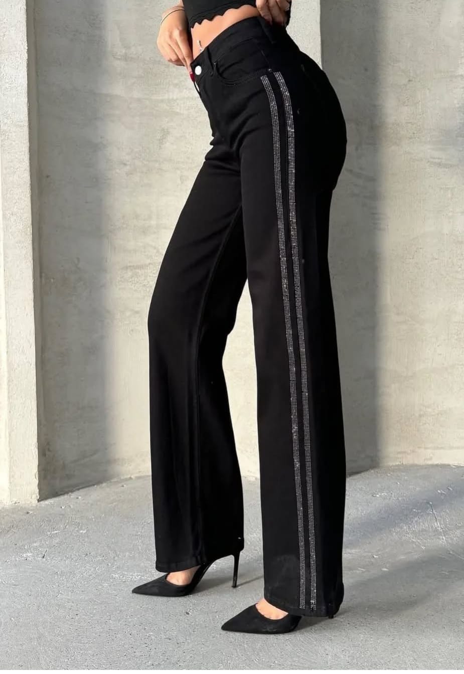 Taş şerit detaylı siyah  likralı yüksek bel pantolon