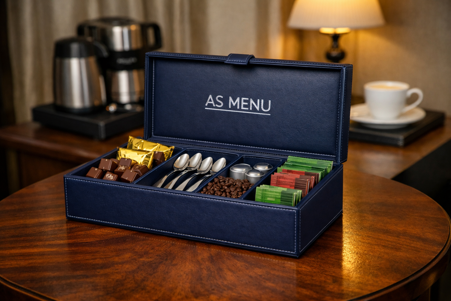 Accessoires de chambre d’hôtel : plateaux, porte-serviettes et supports pour télécommandes